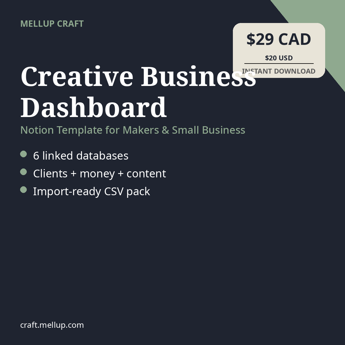 Creative Business Dashboard Notion template, $29 CAD / $20 USD